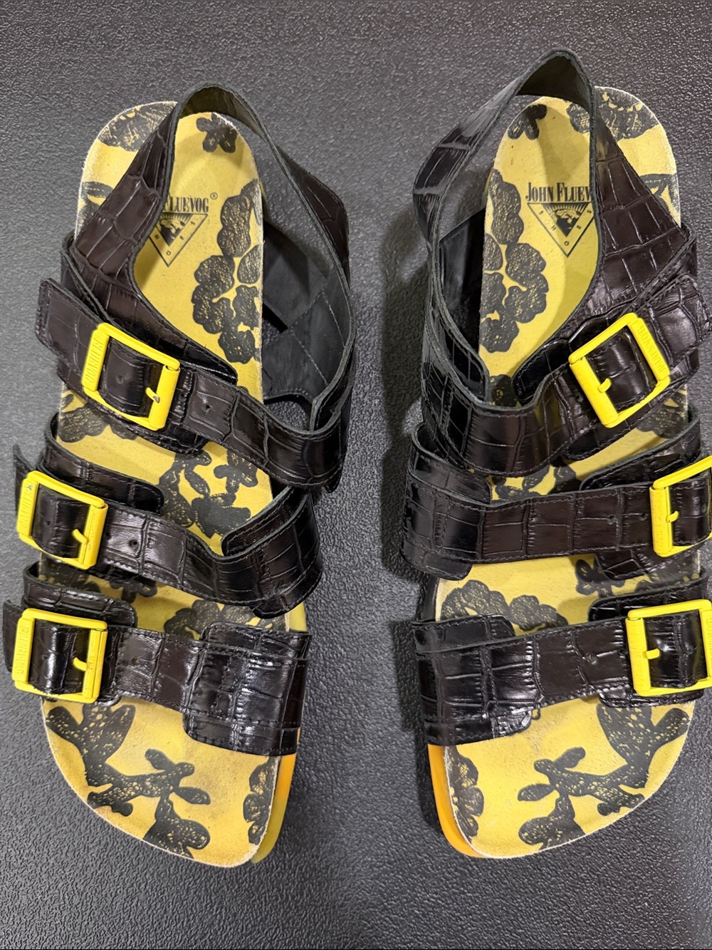 John Fluevog Black Croc Triple-Strap Sandals with Yellow Buckles Unisex